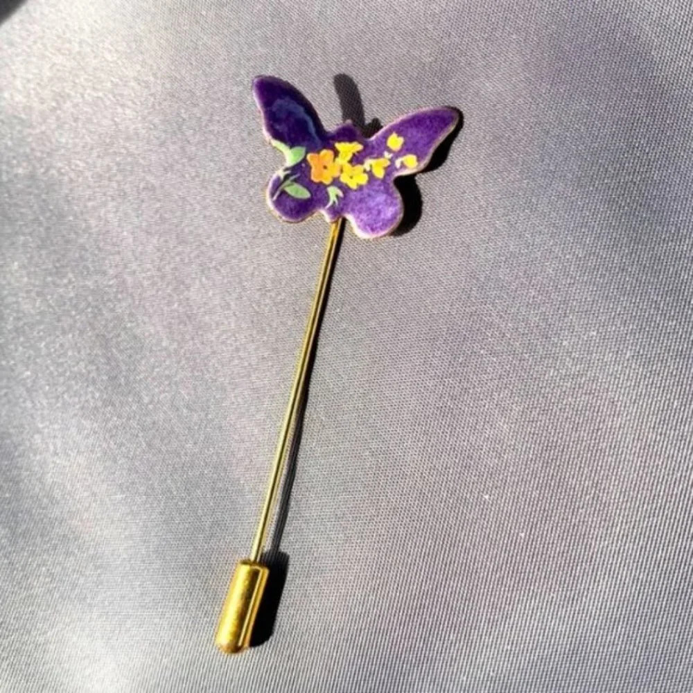 Vintage Floral Painted Enamel Butterfly Stick Hat Pin